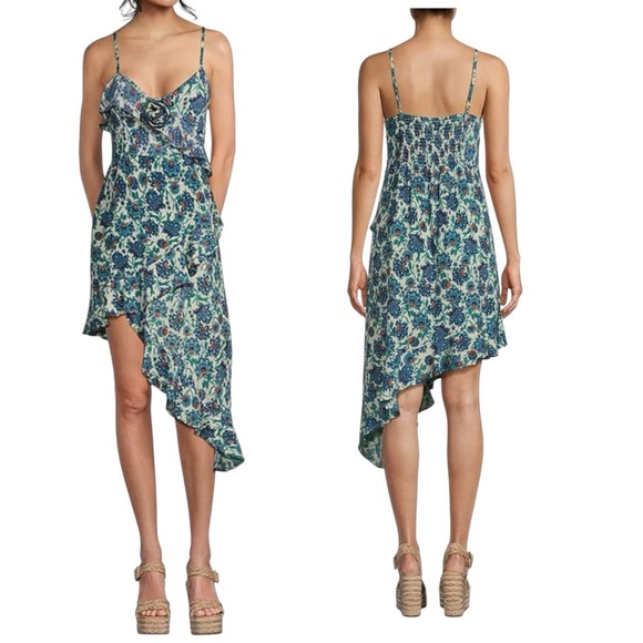 NEW Angie Rosette Trim Bodice Asymmetrical Hem Floral Dress Blue Multi Size L - Picture 1 of 7